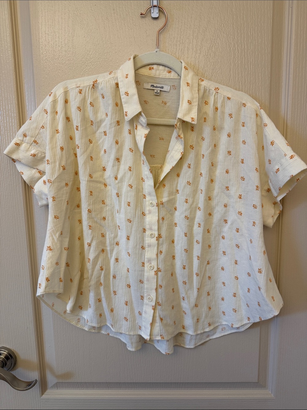 Madewell Cream Short-Sleeve Button-Front Shirt with Orange Floral Motif